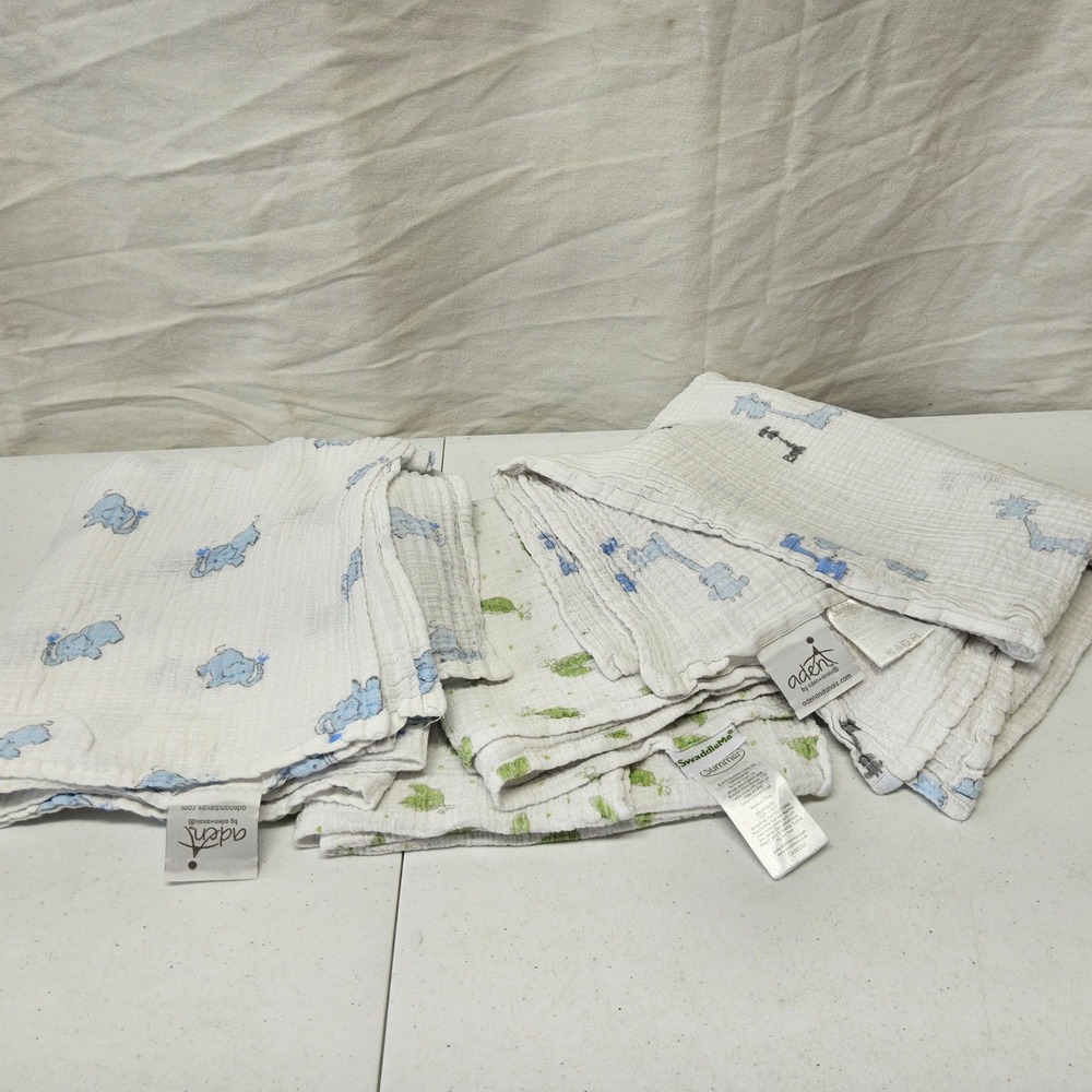 Aden + Anais SwaddleMe Blankets Kids OS White Blue Green Muslin Cotton 3 Pack